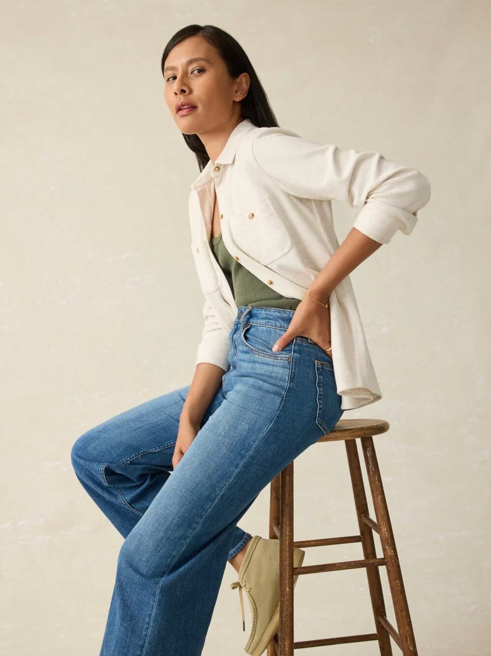 Faherty Women's Long Sleeve Legend Off White Cream Sweater Button Front Shirt S